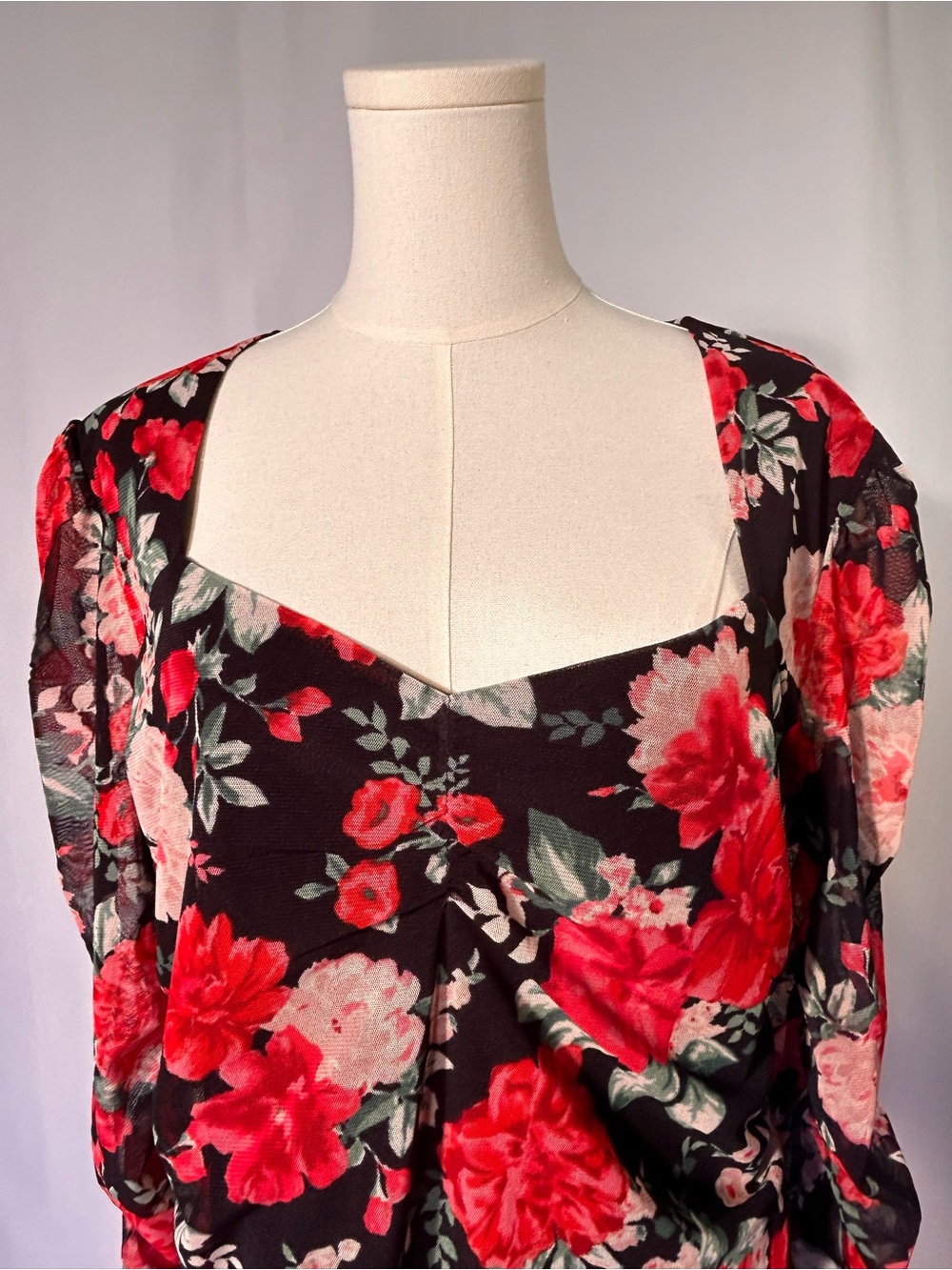 Black Red Floral Mesh Ruched Sweetheart Top XXL Whimsigoth Cottagecore - Picture 2 of 12